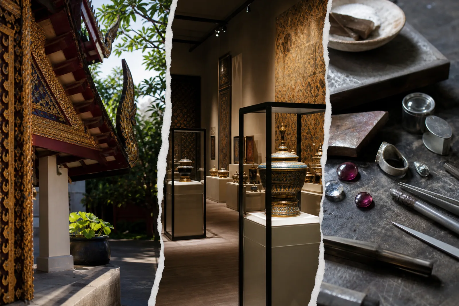 Temple architecture, museum display, and jewelry craft in Thailand