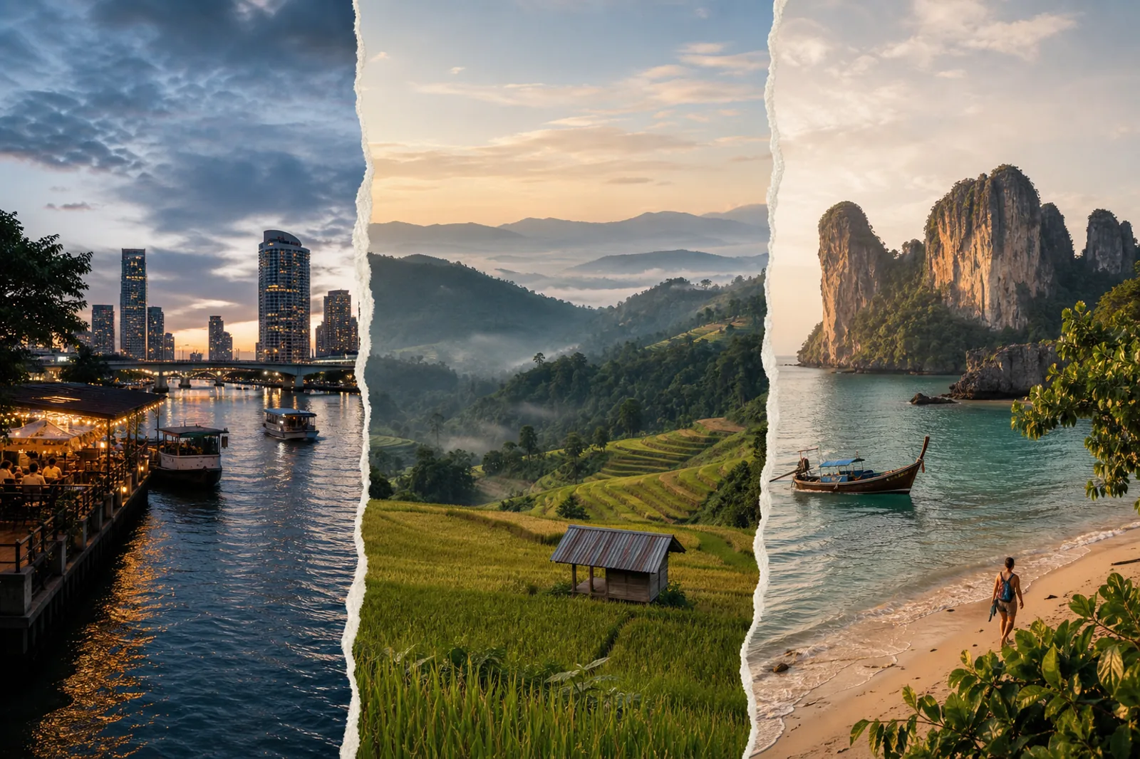 A layered view of Thailand city, mountain, and coast environments